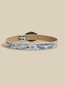 Western cowboy style leather belt with floral and bull skull embossed patterns for daily wear.