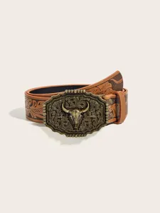 Western cowboy style retro embossed leather belt with vintage metal bull skull buckle detail.