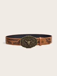 Western cowboy style retro embossed leather belt with vintage bull skull metal buckle unisex