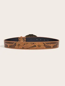 Close-up view of the Western cowboy style embossed leather belt featuring intricate floral and bull head tooling details.