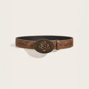 Vintage western stijl dames leren riem met antieke messing bloemen gesp en enbossed riemband.