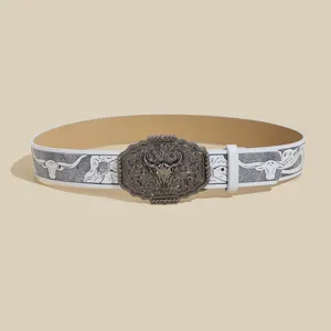 Western cowboy style white leather belt with vintage carved bull head metal buckle for adults.