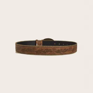 Westerse vintage in reliëf gemaakte lederen riem voor vrouwen, bruine riem met rozen gesp.