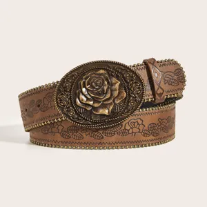 Westerse vintage bruine lederen riem met grote antieke messing roos gesp en prachtig bloemmotief.