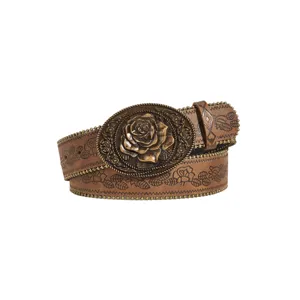 Westerse vintage bruine lederen riem met grote antieke roos gesp voor dames mode kleding
