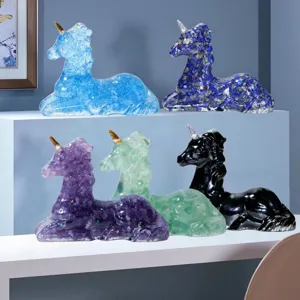 Unicorn Pegasus Statue Natural Crystal Stone Resin Figurine Desktop Ornament Decoration Gift Home Office Lucky Charm