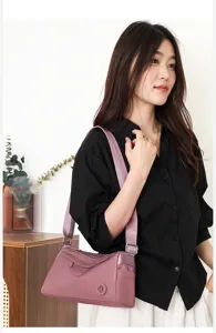 Modische Nylon Umhängetasche für Damen lässige lila Schultertasche mit breitem Gurt