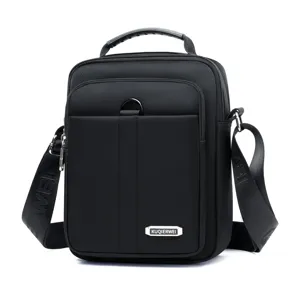 Schwarze Herren Nylon Umhängetasche, vertikale Business Freizeit Schultertasche mit Griff.