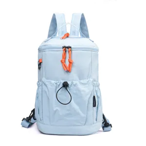 Light blue casual outdoor mini backpack with orange zipper pulls and drawstring pocket.