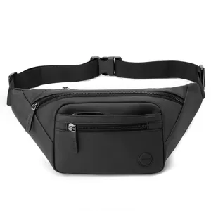 Black tactical multi-compartment waist bag with zippers and adjustable buckle strap for men.