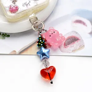 Simpatico portachiavi orsetto rosa stella cuore borsa, vista dettagliata ciondolo telefono dolce stile.