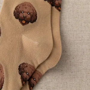 Gros plan détaillé de motifs jacquard de caniches marron mignons sur chaussettes en coton.