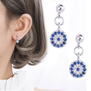 Pendientes de boton de plata con mal de ojo circorias azules blancas colgante redondo mujer.
