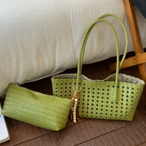 Green Woven Tote Bag Women Large Capacity Shoulder Bag Designer Style Cutout Handbag Set