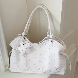 Large Capacity PU Leather Tote Bag Women Polka Dot Shoulder Bag Casual Commuter Handbag With Charm