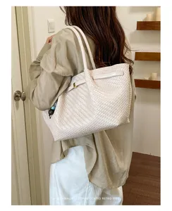 Borsa shopper intrecciata retrò coreana da donna, grande capacità borsa a spalla casual da lavoro.