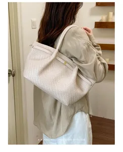 Borsa a tracolla intrecciata retrò coreana da donna, shopper capiente per lavoro e tempo libero.