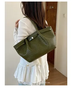 Borsa tote intrecciata rétro coreana da donna, grande capacità elegante borsa a spalla.