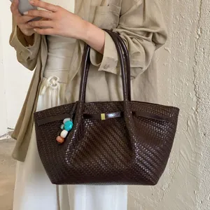 Borsa tote intrecciata retrò coreana donna grande capacità borsa a spalla casual pendolare