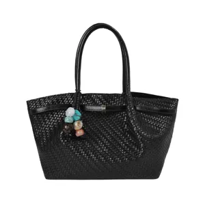 Borsa tote intrecciata nera da donna, grande borsa a spalla casual elegante con perline colorate.