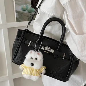 Black litchi pattern women handbag fashion commuter shoulder bag with cute dog pendant