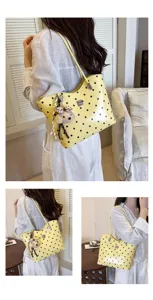 Women yellow polka dot shoulder tote bag commuting casual PU leather handbag with bear pendant