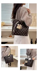 Brown polka dot tote bag for women, large capacity shoulder bag with cute bear charm.