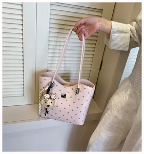 Pink Polka Dot Leather Tote Bag Shoulder Handbag with Cute Puppy Pendant for Daily Wear
