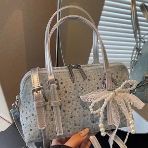 Fashion Denim Boston Bag Women Crossbody Shoulder Bag Rivet Pearl Bow Decor Casual Travel Handbag Stylish Purse