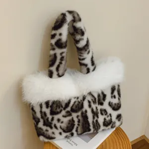 Korean Style Cute Leopard Print Plush Bucket Bag Women Autumn Winter Soft Furry Handbag