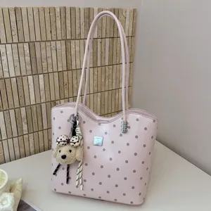 Women Large Capacity Polka Dot Tote Bag PU Leather Casual Commuter Shoulder Bag With Cute Pendant Handbag