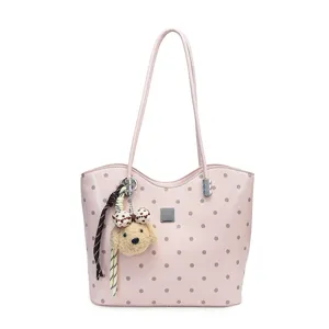 Pink polka dot tote bag for women stylish shoulder bag with cute plush keychain charm