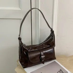 Women French Vintage Glossy PU Leather Underarm Bag Small Minimalist Shoulder Bag With Front Buckle Pocket Chic Handbag
