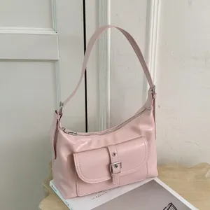Simple vintage French shoulder bag for women, trendy pink PU leather hobo dumpling handbag.