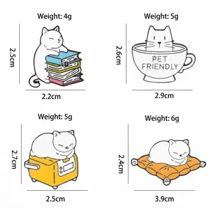 Cute cartoon cat enamel pins set with book, coffee cup and cushion designs for backpacks.