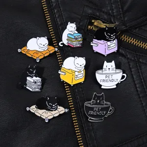 Cute cartoon cat enamel pin badge set, creative reading and coffee cat brooch for clothes and bags.