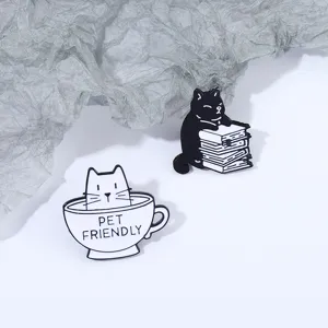 Cute cartoon cat enamel brooch set, black and white kitty reading and drinking coffee pin.