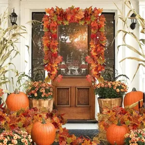 Kunstmatige herfst esdoorn blad slingers voor voordeur hangend, oogst decoratie.