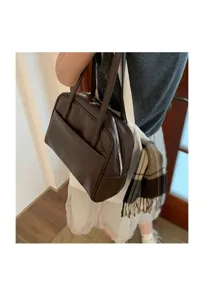 Minimalist brown shoulder bag for women, large capacity faux leather retro underarm tote.