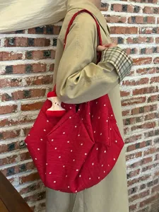 Bolso tote de lona roja con flores estilo coreano gran capacidad bolso de hombro casual