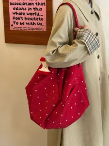 Bolso tote de lona con flores rojas, bolso de hombro casual de gran capacidad.