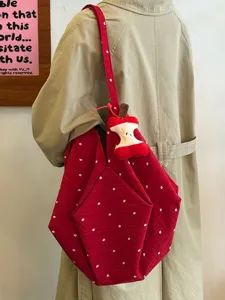 Bolso tote de lona roja con flores estilo coreano, bolso de hombro casual grande.