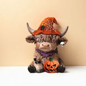 Halloween Schotse Hoogland Koe Beeldje met Pompoen Heksenhoed Hars Bureau Decoratie 1st