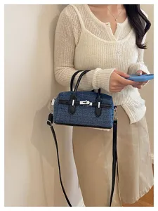 Denim pillow boston bag with shoulder strap, chic fashion women casual handbag.