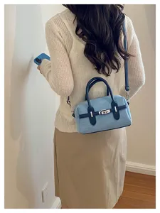 Women stylish denim Boston pillow shoulder bag with metal lock detail fashion handbag