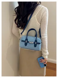 Women fashion denim boston shoulder bag stylish casual crossbody handbag with top handle lock