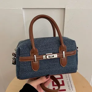 Women Retro Denim Boston Bag Splicing Pillow Bag Handheld Shoulder Crossbody Bag With Metal Lock Street Style Satchel