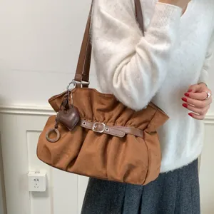 Vintage brown suede shoulder bag for women, chic pleated underarm tote handbag main view