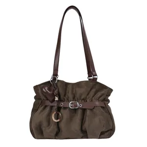 Retro Brown Suede Pleated Shoulder Bag Women Minimalist Chic Handheld Tote Bag Daily