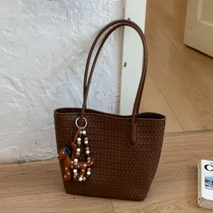 Women's PU Leather Woven Tote Bag Large Capacity Casual Shoulder Bag Retro Commuter Handbag